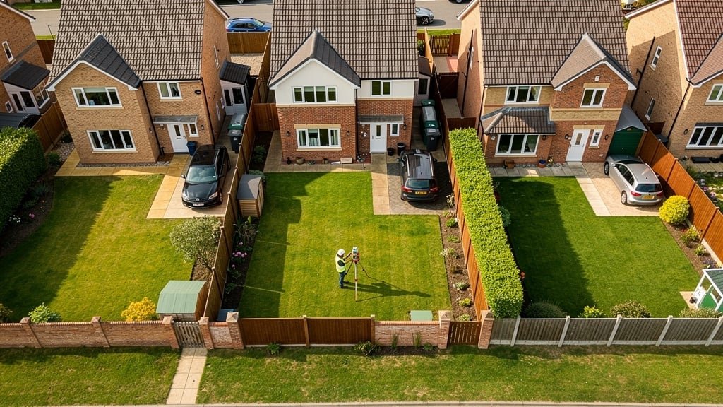 Aerial view of residential properties showing boundary lines across England and Wales