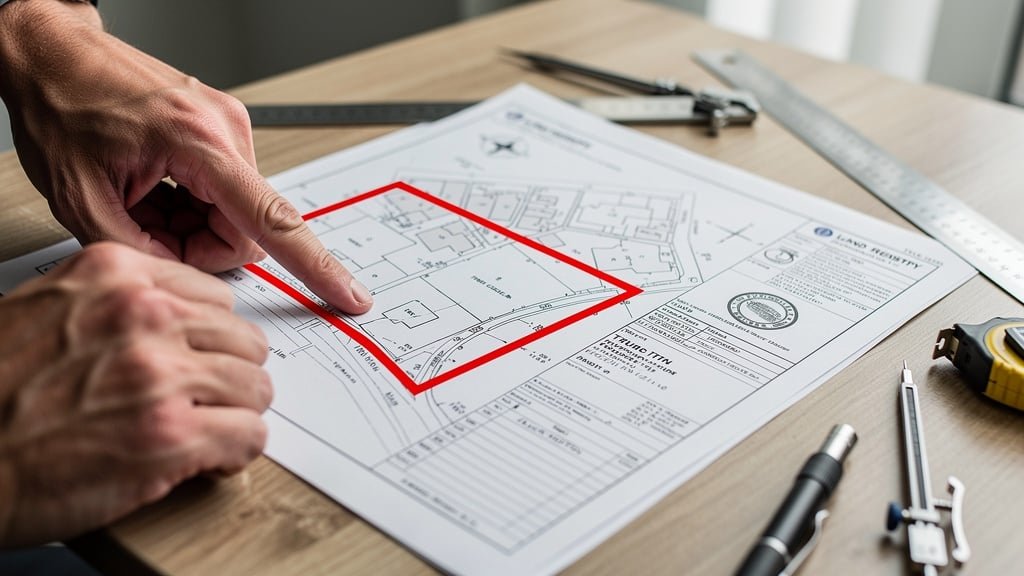 Professional surveyor reviewing Land Registry title plan and boundary documents