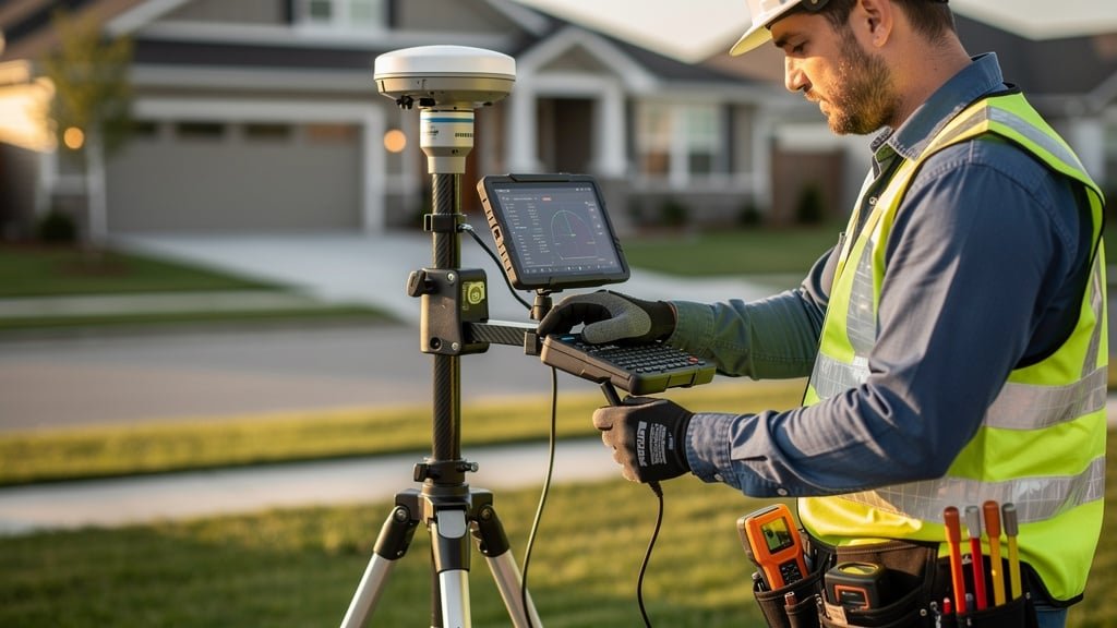 Professional surveyor using GPS equipment for boundary surveys